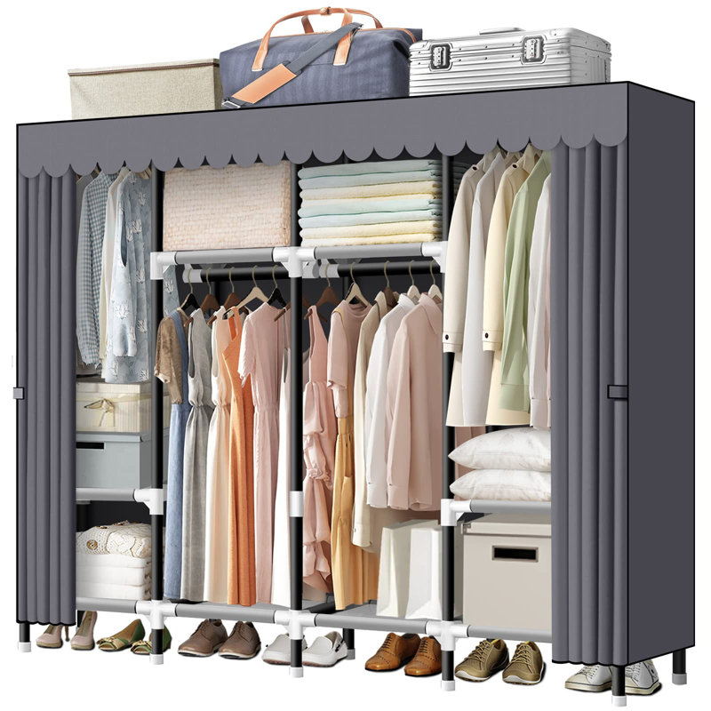 Rebrilliant Portable Closet 67 Inch Wardrobe Closet For Hanging Clothes With 4 Hanging Rods 25Mm Steel Tube Clothes Storage Organizer For Extra Sturdy Quick And Easy To Assembly Gray Cover Wayfair